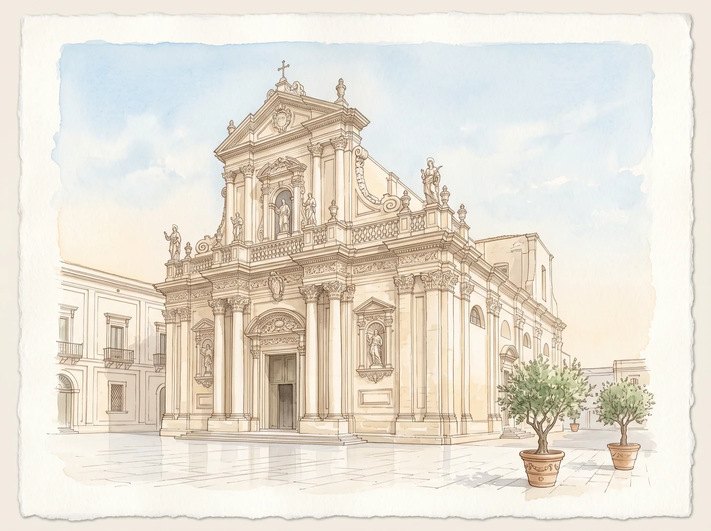 Il Duomo di Ortigia, Siracusa, ad acquerello